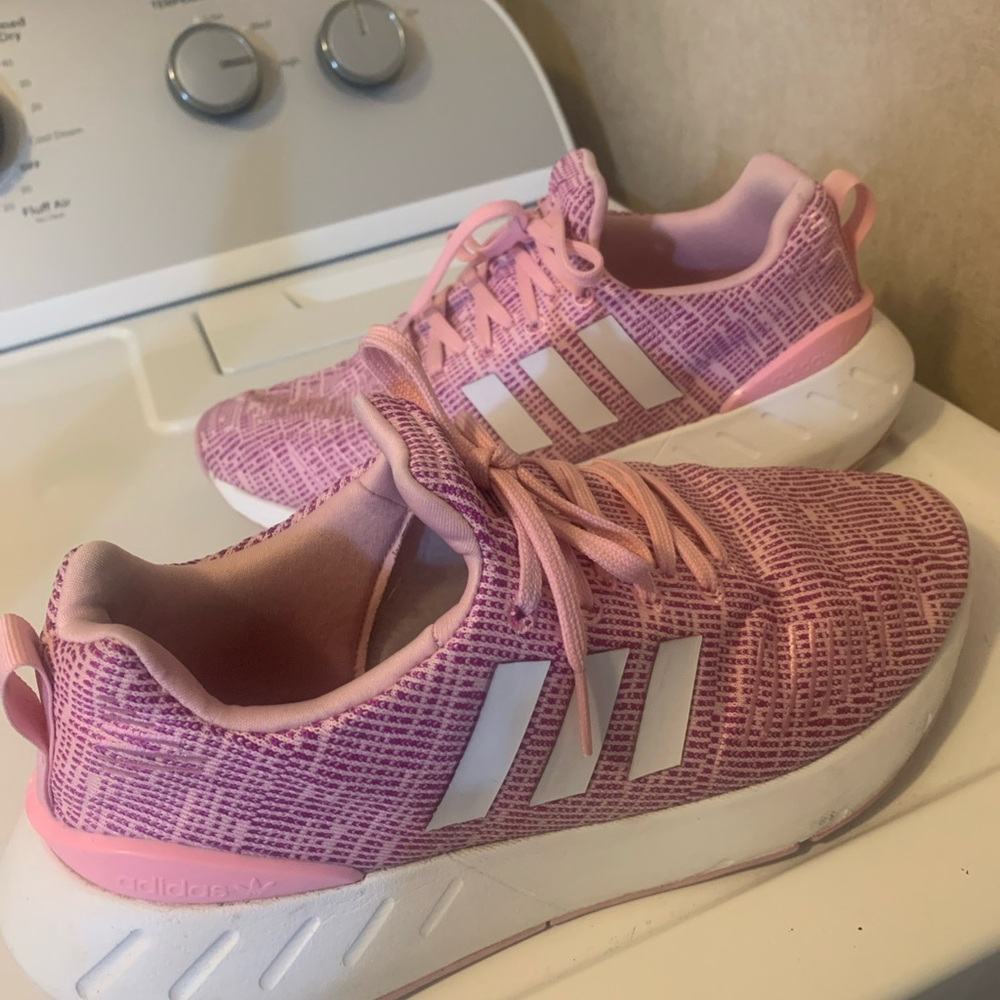 Adidas Pink and White Sneakers with Knit Upper